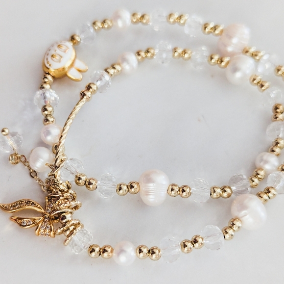 Labubu Inspired Double-Strand Pearl & Crystal Bracelet Gold & White - Picture 5 of 8